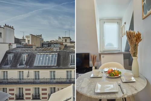 - une table dans une chambre avec vue sur un bâtiment dans l'établissement Studio Place Vendome by Studio prestige, à Paris