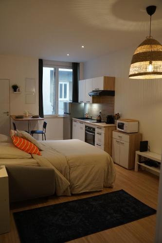 a bedroom with a large bed and a kitchen at Studio cosy Eglise Notre-Dame-des-Calades in Villefranche-sur-Saône