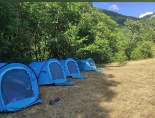 a row of blue tents sitting in a field at Auto camp Matica in Podgorica