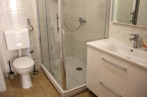 een badkamer met een douche, een toilet en een wastafel bij Vanda Seafront Fantastic in Cavtat