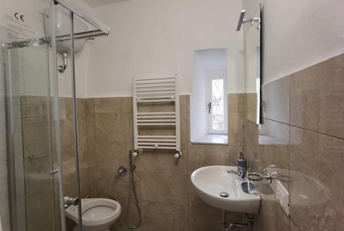 a bathroom with a sink and a toilet and a shower at Il covo degli Amanti in Fara in Sabina