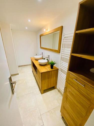 une salle de bain avec un lavabo et un miroir dans l'établissement Appartement Rez de maison proche mer, à La Londe-les-Maures