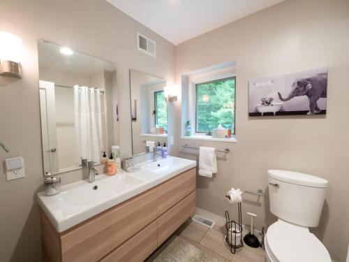 y baño con lavabo, aseo y espejo. en Berkshire Vacation Rentals: High End Berkshires Getaway 