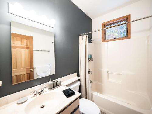 a bathroom with a sink and a shower and a mirror at Private Berkshires Home On 5+ Acres Rustic & Chic in Otis
