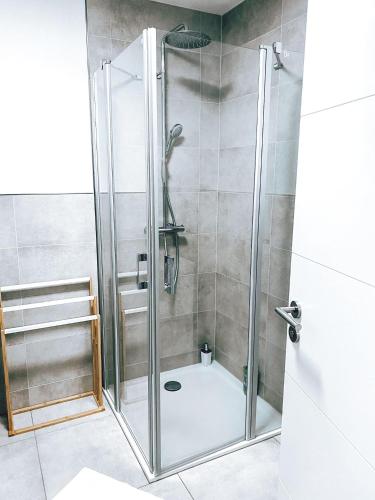 a shower with a glass door in a bathroom at DoreyHome P2 - modernes zentrales Apartment -2-4 Personen - Parkplatz in Passau