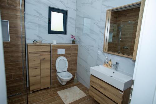 y baño con aseo, lavabo y espejo. en Drina Lux en Loznica