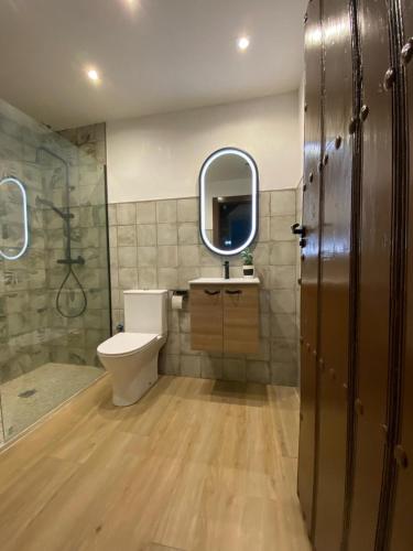 a bathroom with a toilet and a sink and a mirror at Casa rural La Vereda del rio Guadalquivir in Mogón