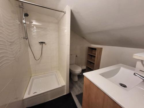 une salle de bain avec une douche, un lavabo et des toilettes dans l'établissement Charmant T2 proche transport, à Drancy