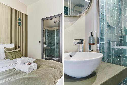 two pictures of a bathroom with a tub and a sink at Apartement Place Vendome by Studioprestige in Paris