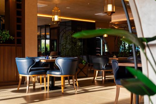 a restaurant with blue chairs and a table and a bar at Hotel De‘Andros Virpazar in Virpazar
