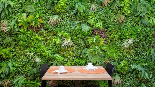 a table in front of a green wall at Faro Heart Suites in Faro