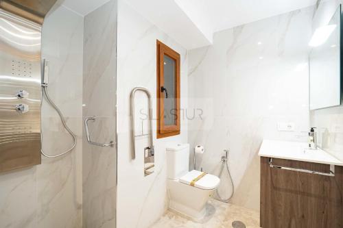 Un baño blanco con inodoro y lavabo. en Casa Andrés Apartamento, en Oviedo