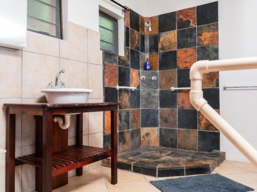 a bathroom with a sink and a shower at The Tropical Hut in Mtunzini
