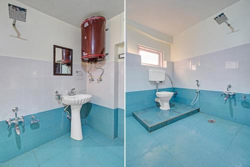 Duas fotografias de uma casa de banho com WC e lavatório. em Flagship Comfort By Comfay em Srinagar