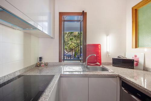 une cuisine avec un évier et une fenêtre dans l'établissement Porto Douro - appartement 1, à Crestuma