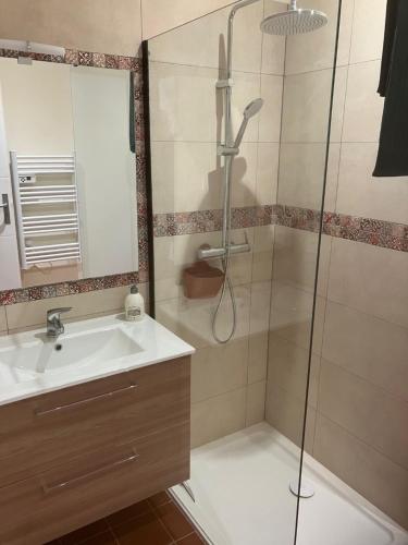 La salle de bains est pourvue d'une douche et d'un lavabo. dans l'établissement La Glycine, à Pézenas
