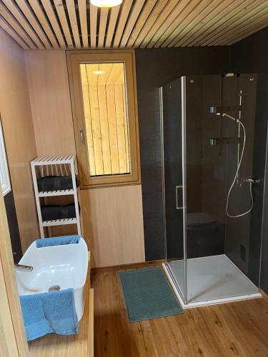 y baño con ducha y lavamanos. en Tiny House Brunn am Gebirge en Brunn am Gebirge