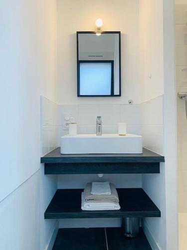 une salle de bain avec un lavabo et un miroir dans l'établissement Studio loft - lumineux - télévision, à Vannes