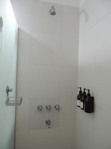 a bathroom with a shower with bottles on the wall at Tu alquiler Resistencia in Resistencia