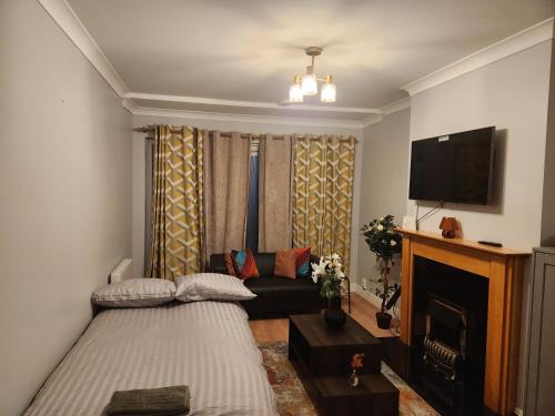 Sala de estar con 2 camas y TV en Cosy Dublin apartment en Dublín