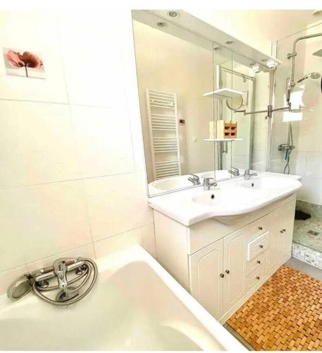 une salle de bain avec une baignoire, un lavabo et un miroir dans l'établissement La Balneaire maison de standing tout confort, à Boisseuil