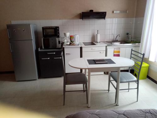 eine Küche mit einem Tisch und Stühlen sowie einem Kühlschrank in der Unterkunft Studio Danton in Troyes