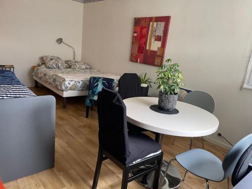 une pièce avec une table, des chaises et un lit dans l'établissement Manue studio 200 m centre au calme, à Vesoul