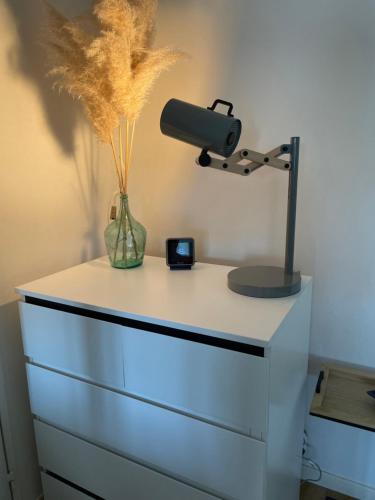 une commode avec une lumière et une lampe dessus dans l'établissement Manue studio 200 m centre au calme, à Vesoul