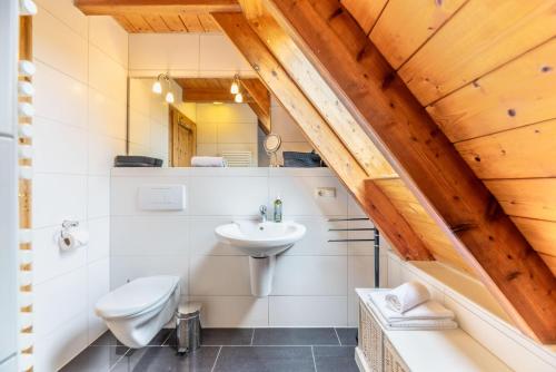 uma casa de banho com um lavatório e um WC em Ferienwohnung-J-Jacobs em Wrixum
