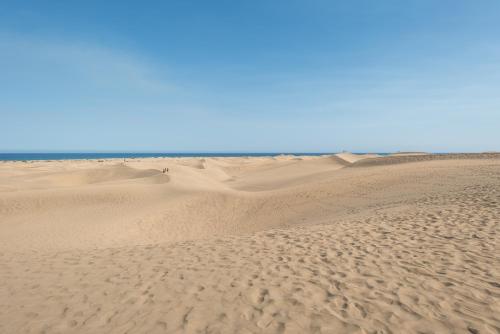 a desert with sand dunes and the ocean in the background at Casas Pepe Apartments & Spa- Adults Only in Playa del Ingles