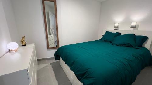 a bedroom with a green bed and a mirror at Fenix Appartement T2 40 M2 cosy RDC plein centre ville in Pierrelatte