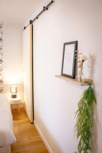 a room with a white wall with a plant on a shelf at Le douillet : Duplex élégant en Centre ville in Albertville
