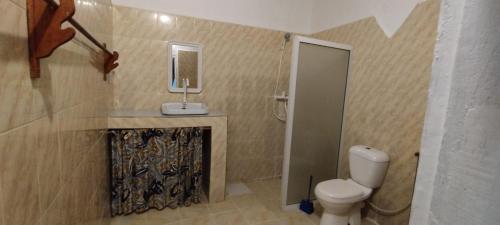uma casa de banho com um WC, um lavatório e um espelho. em Santa Rita lodge em Kiwengwa