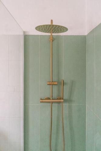 TrafariaにあるCasa Azulの緑の壁のバスルーム(シャワー付)