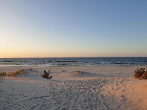 a beach with footprints in the sand and the ocean at Przytulny apartament Perła Bałtyku in Rogowo