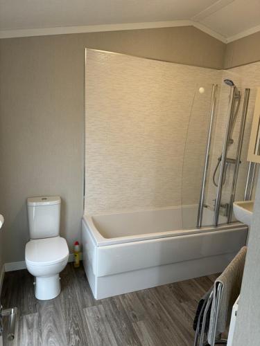 a bathroom with a toilet and a bath tub at Meadow View Lodge at Hollin Barn Lodge park Thirsk,North Yorks in Thirsk