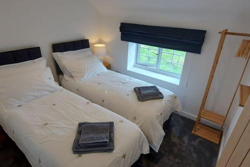 two beds in a room with a window at Pond Puddle at Pond Pool Cottage in Taunton