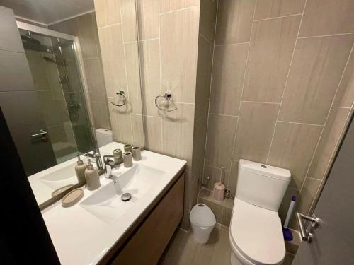 a bathroom with a sink and a toilet and a mirror at HOM I Con parking incluido Depto 1D1B in Puerto Varas