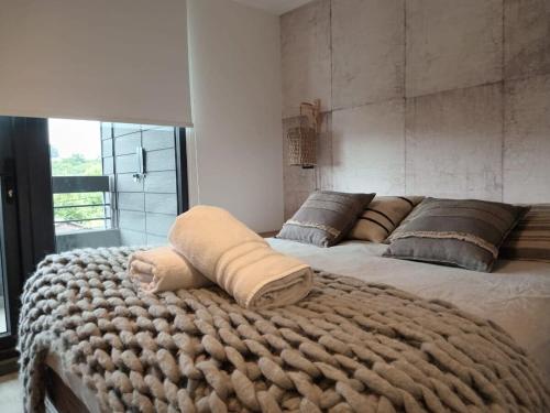 1 dormitorio con 2 camas y manta grande en ENCANTADOR Depto en la Mejor Ubicación de PtoVaras, en Puerto Varas