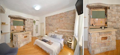 two pictures of a living room with a brick fireplace at Charming apartment in Kotor in Kotor