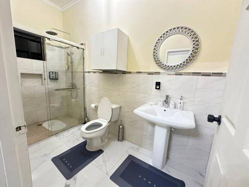 uma casa de banho com um WC, um lavatório e um chuveiro em Luxury Penthouse Suit Red Hills em Kingston