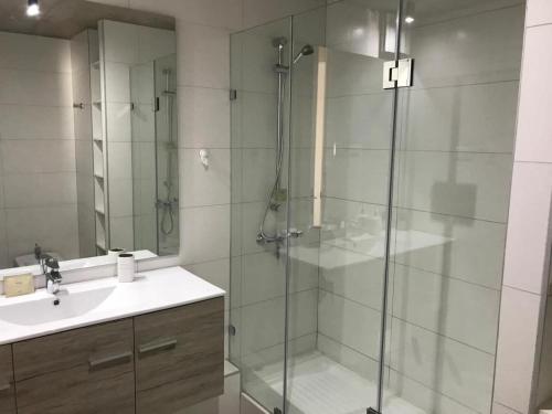 a bathroom with a glass shower and a sink at HOM I AMPLIO 4D3B Mejor ubicación Valparaíso Parking 6PAX in Valparaíso