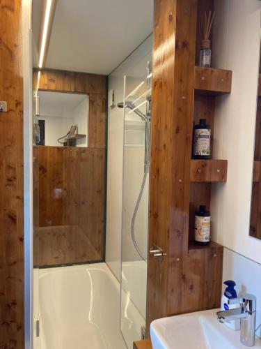 a bathroom with a shower and a tub and a sink at Tiny House im Seecontainer mit Parkplatz, Glasfaser, Netflix, Veranda und gehobener Ausstattung in Coburg