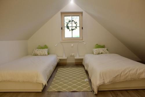 two beds in a attic room with a window at Die Presserei- Kellerstöckl in Moschendorf