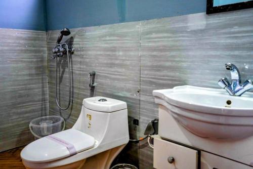 a bathroom with a toilet and a sink at The Pangong Heights Cottages in Leh