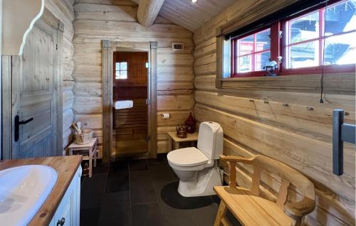 La salle de bains en bois est pourvue de toilettes et d'un lavabo. dans l'établissement Cozy Home In Trysil With Wifi, à Trysil