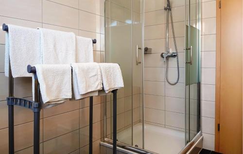 a shower with white towels and a glass shower stall at Pet Friendly Home In Trent With Wifi in Trent