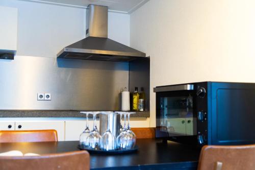 een keuken met een zwart aanrecht met een fornuis bij 't Achterhuis (2 persons) in Otterlo