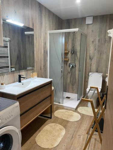 uma casa de banho com um chuveiro, um lavatório e um WC. em UN CHALET A LA MER em Saint-Cyprien
