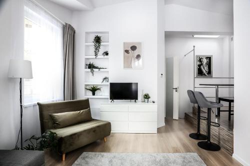 a living room with a couch and a tv at Fully-furnished Apartment with Air Conditioning for families, Cracow Old Town in Kraków